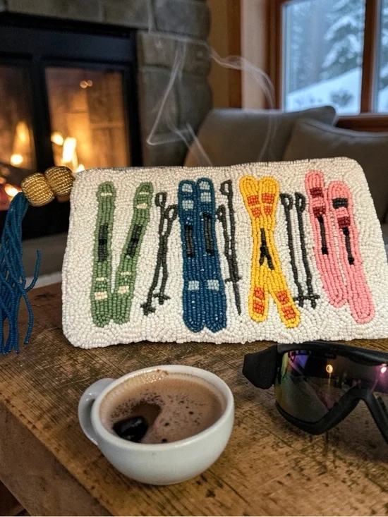 Hand Beaded Viral Ski Motif Clutch — White with Multi Colored Skis - Picture 1 of 7